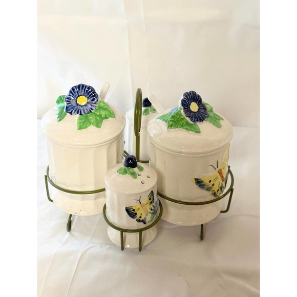 Antique ceramic condiment set with holder - Picture 6 of 7